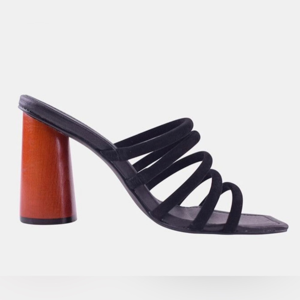 Sol Sana Milava Mule, Strappy Black Suede with Wooden Heel